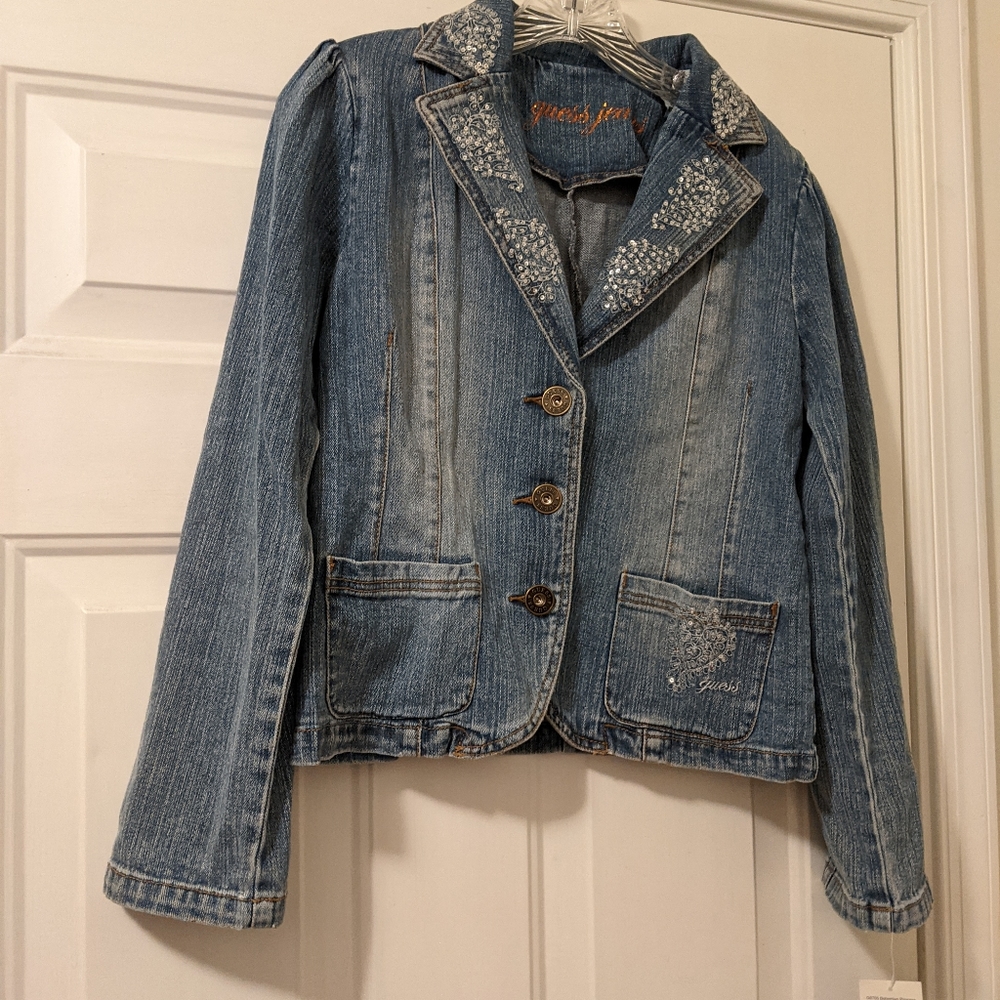 NWT Guess jean jacket bling on pocket and embellished collar